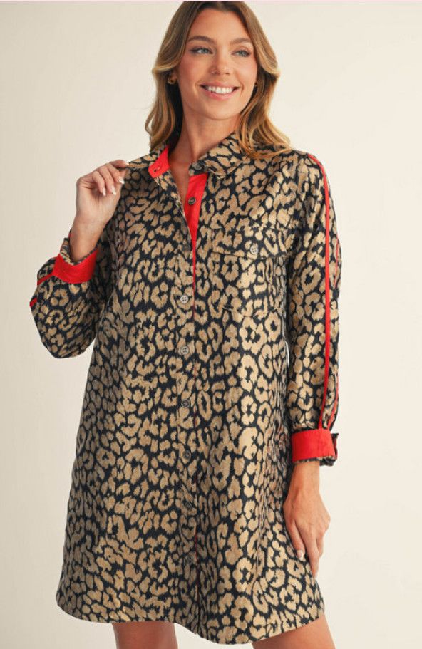 Long sleeves button down leopard shirtdress, Color: red/animal, Size: S
