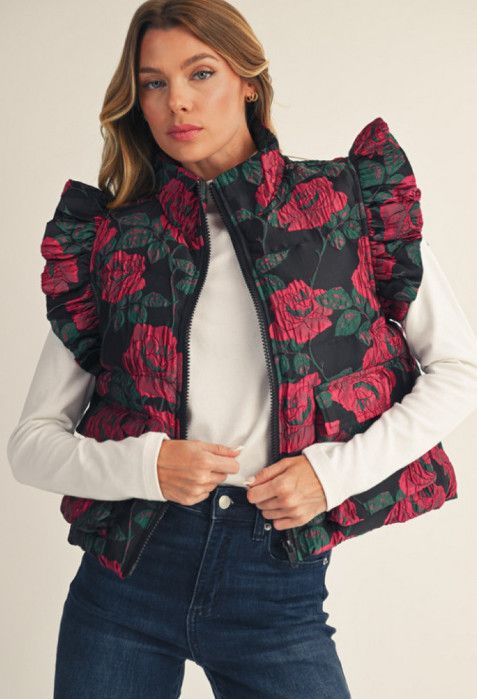 Ruffled cap sleeves front zip up floral jacquard puffy vest with pockets
