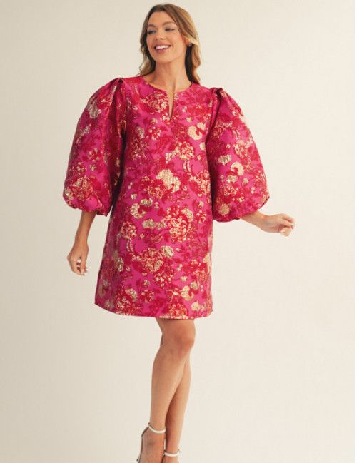 3/4 puff sleeves floral jacquard dress with side pockets, Color: hot pink, Size: S