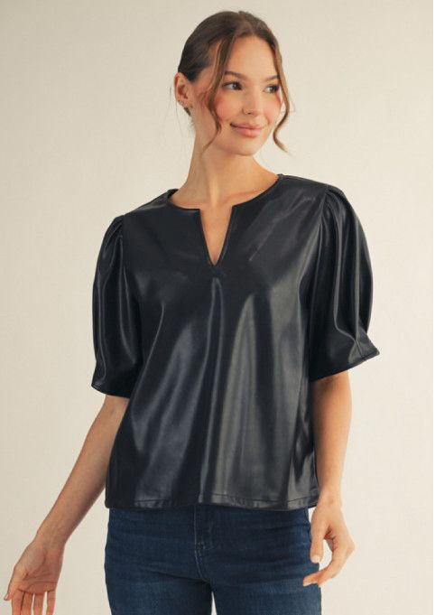 Short puff sleeves faux leather top, Color: black, Size: S