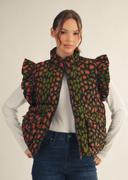 Ruffled cap sleeves leopard puffy vest, Color: multi, Size: S