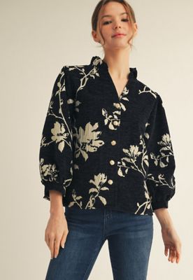 3/4 sleeves button down floral jacquard top