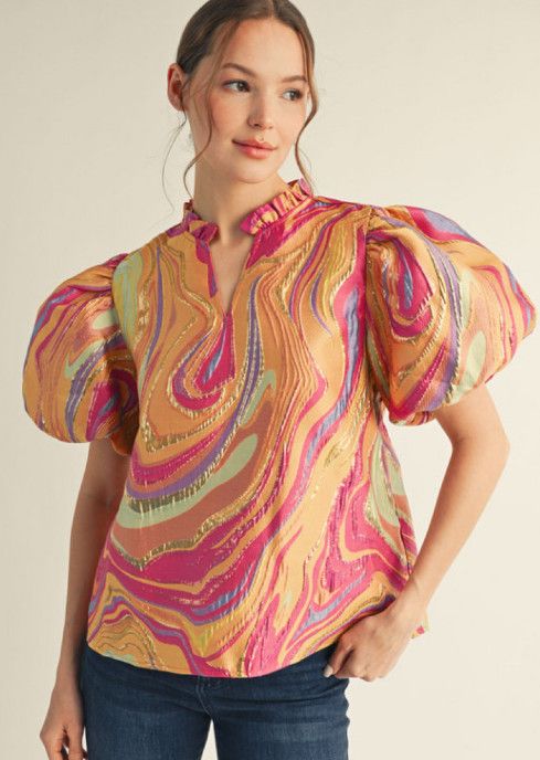 Short puff sleeves abstract jacquard top