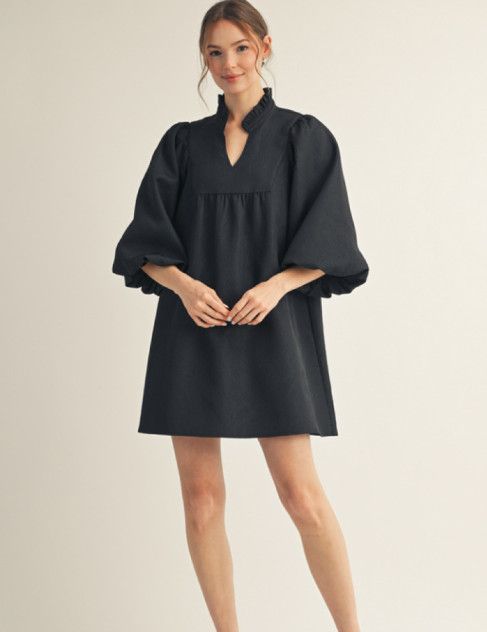 3/4 balloon sleeves babydoll dress, Color: black, Size: S