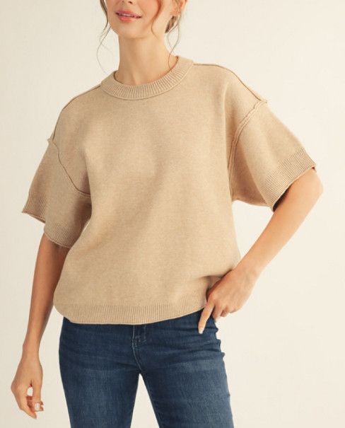 Drop shoulder comfy sweater top with raw edge detail, Color: oatmeal, Size: S