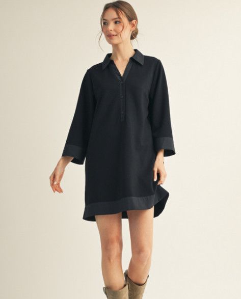 3/4 sleeves solid shift dress with side pockets, Color: black, Size: S