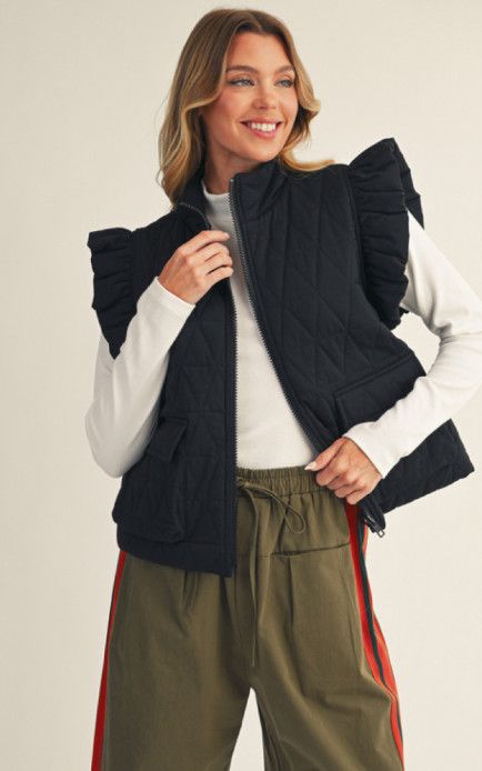 Ruffled cap sleeves front zip up quilted vest with pockets, Color: black, Size: S