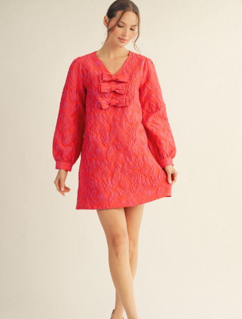 Long sleeves v neck floral jacquard shift dress with front bow accent, Color: tomato red, Size: S