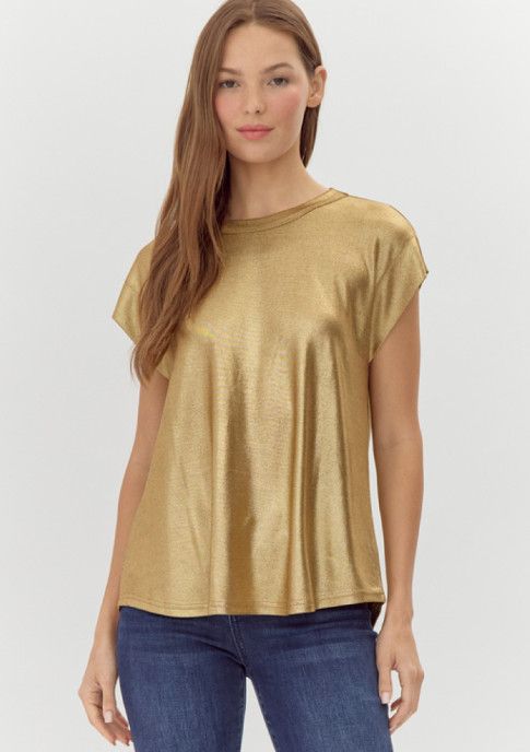 Short drop shoulder metallic knit top