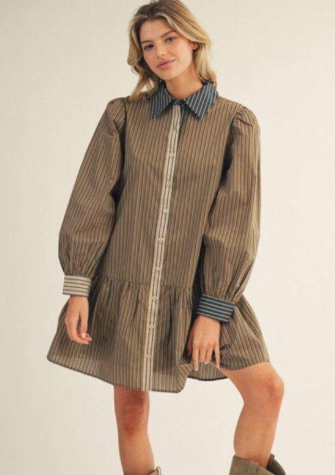 Long sleeves button down stripe dress with side pockets