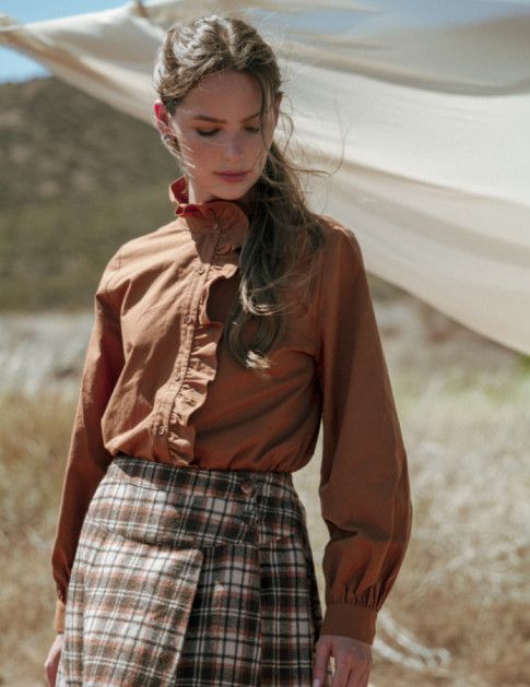 Long sleeves button down ruffle detail shirt, Color: toffee, Size: S