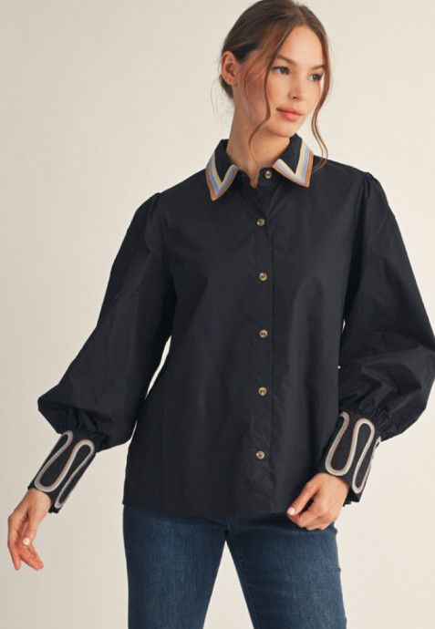 Long puff sleeves button down solid shirt with embroidery accent, wide cuff detail., Color: black, Size: S