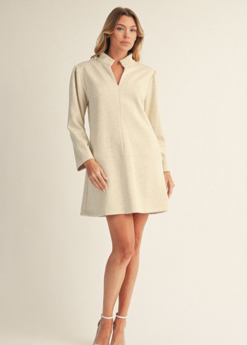 Long sleeves herringbone pattern shift dress, Color: oatmeal, Size: S