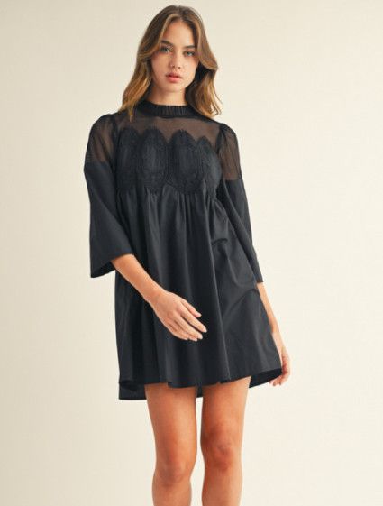 3/4 sleeves babydoll dress with mesh contrast, Color: black, Size: S