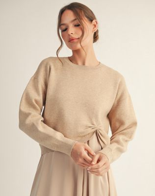 Long sleeves soft texture sweater top with knot accent, drop shoulder
