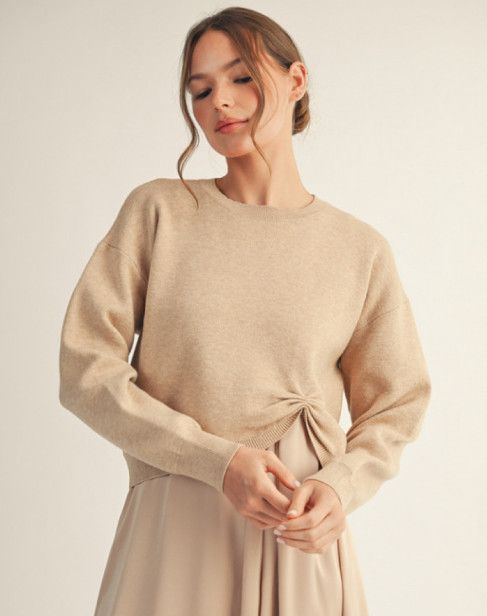 Long sleeves soft texture sweater top with knot accent, drop shoulder, Color: champagne, Size: S