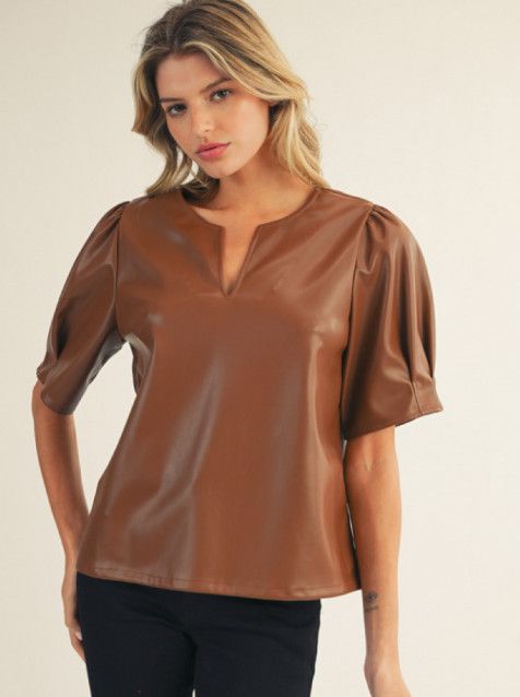 Short puff sleeves faux leather top with pintuck sleeve detail, Color: caramel, Size: S
