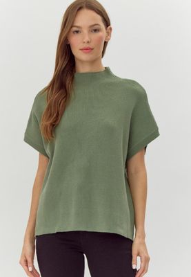 Drop shoulder mock neck sweater top with side slit detail