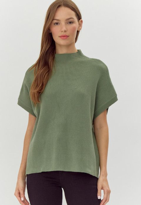 Drop shoulder mock neck sweater top with side slit detail, Color: sage, Size: S