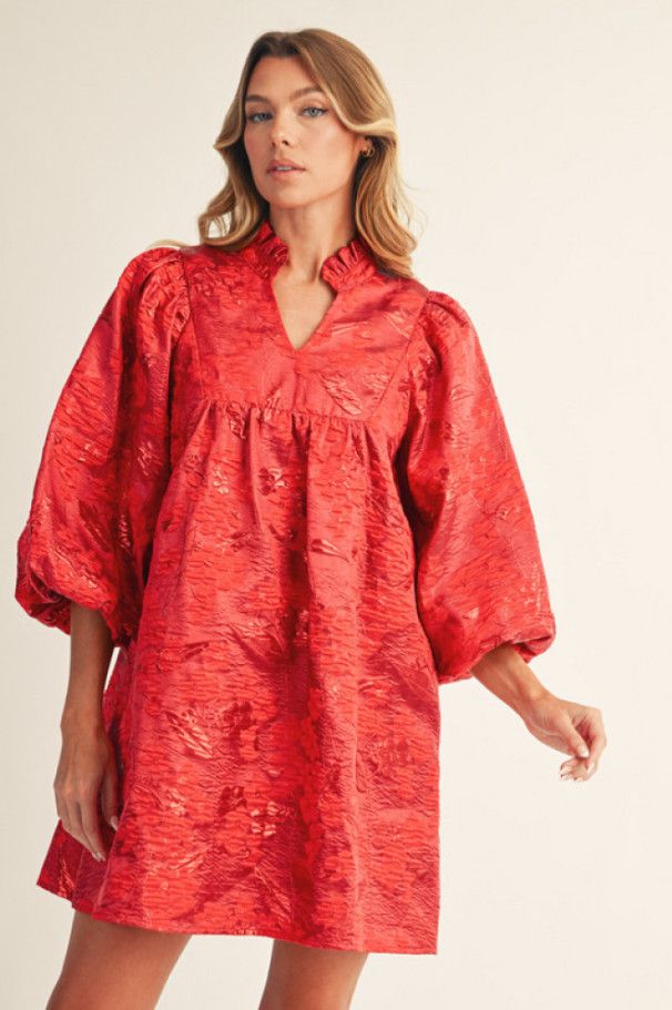 3/4 puff sleeves floral jacquard dress with ruffled neckline, Color: red, Size: S