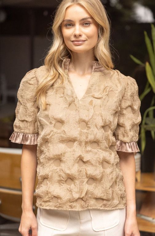 Satin ruffled detail dotted textured top