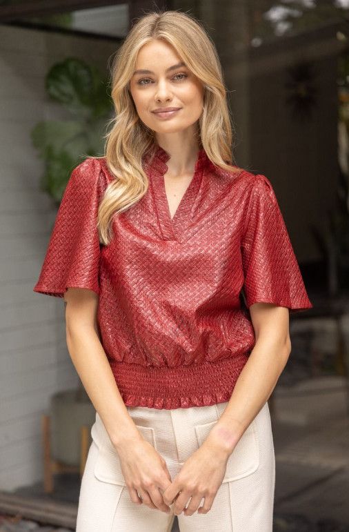 Smocked Hem and Solid Textured Top, Color: burgundy, Size: S