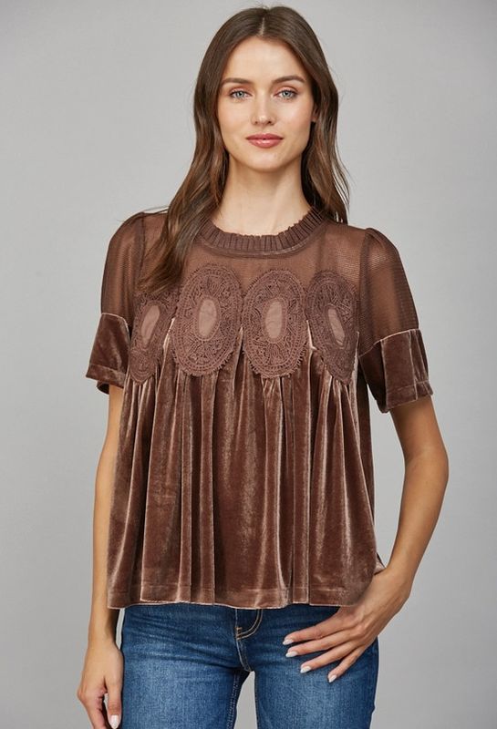 Lace Detail Velvet Babydoll Top
