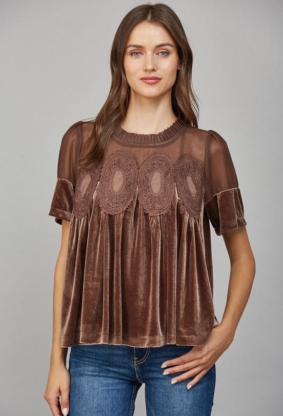 Lace Detail Velvet Babydoll Top, Color: brown, Size: S