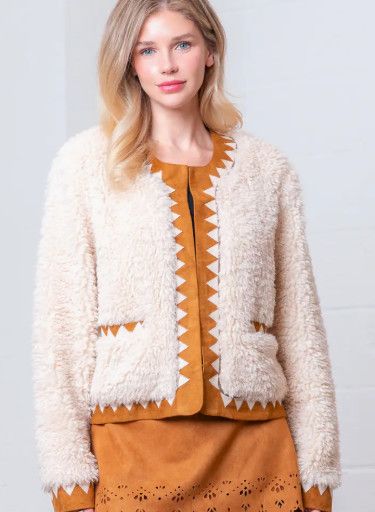 Contrasted Western Fur Jacket, Color: taupe, Size: S