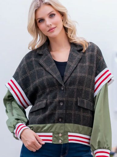 Plaid &amp; Stripe Bomber Jacket