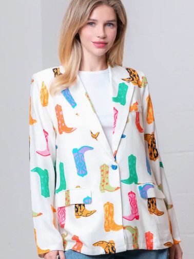 Loose Fit Boot Print Blazer, Color: ivory/multi, Size: S