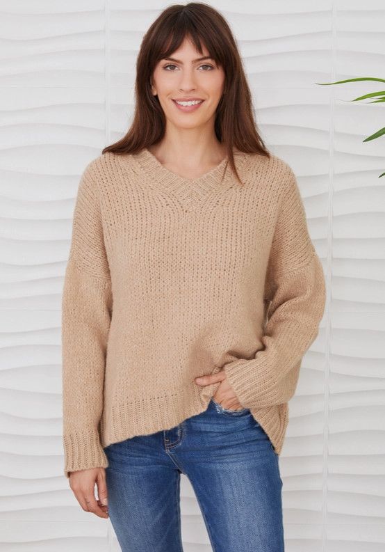 Fuzzy Knit Long Sleeve V-Neck Sweater, Color: latte, Size: S/M