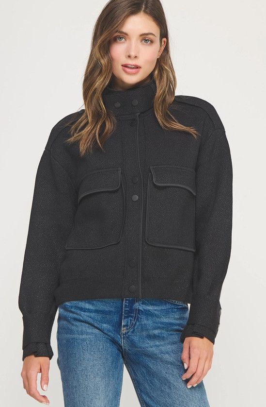 Satin Piping Pocket Detail Lurex Knit Jacket, Color: black, Size: S/M