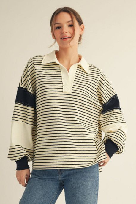 Long puff sleeves thermal stripe top