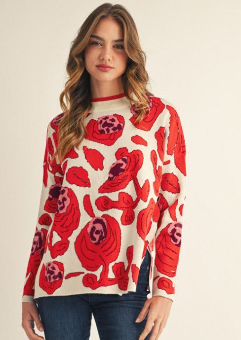 Drop shoulder big floral pattern sweater top
