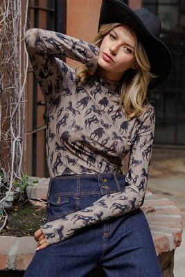Mesh Western Horse Graphic Mock Neck Top