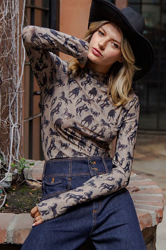 Mesh Western Horse Graphic Mock Neck Top Mesh Western Horse Graphic Mock Neck Top