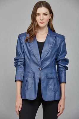 Flap Pocket Detail Scrunched Slv Faux Leather Blazer