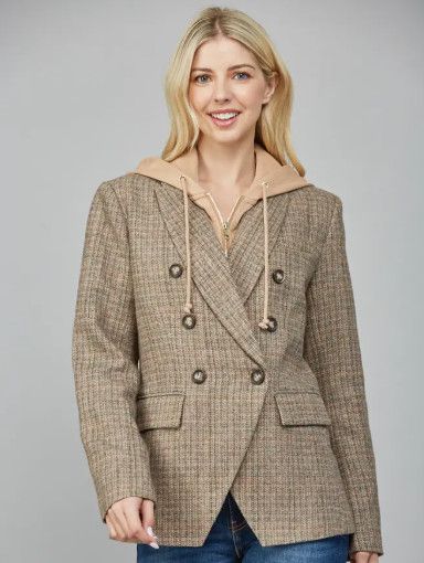 Hooded Herringbone Pattern Double Breasted Blazer, Color: tan combo, Size: S