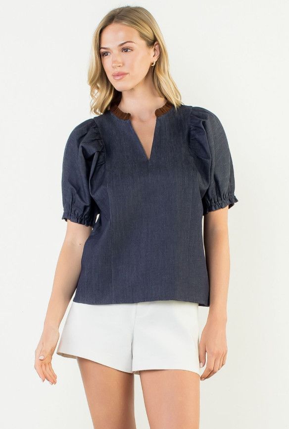 Puff Sleeve Denim Top, Color: blue, Size: XS
