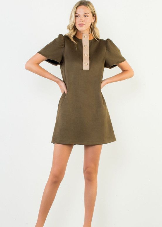 Short Sleeve Suede Dress, Color: olive, Size: XS