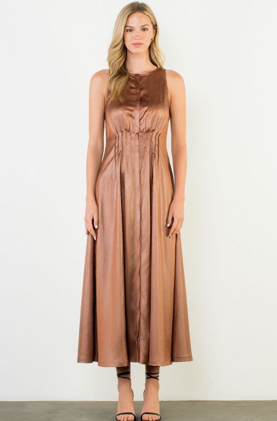 Pleated Sleeveless Maxi Dress, Color: brown, Size: XS