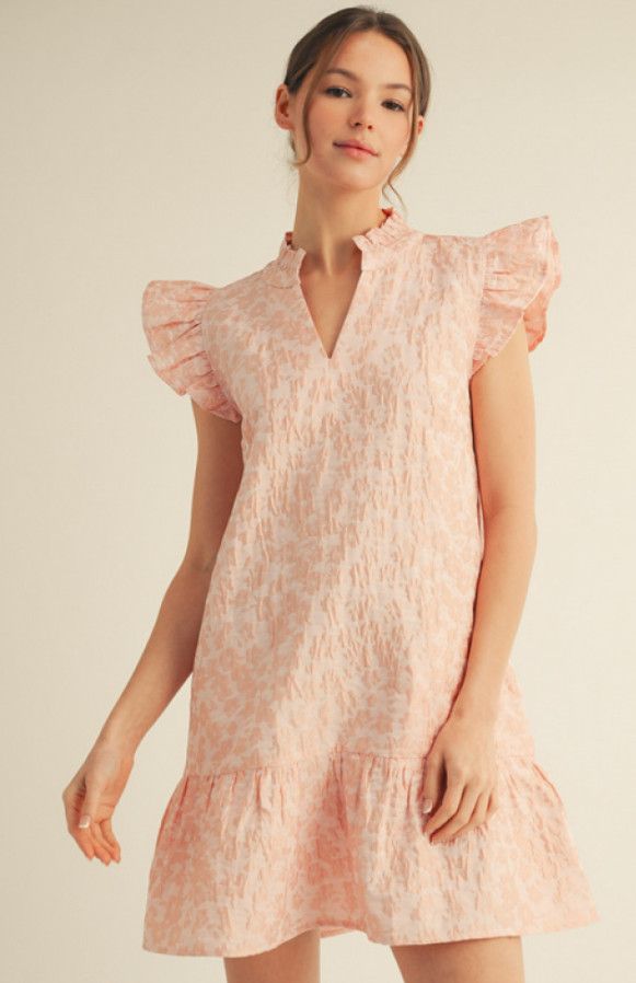Ruffled cap sleeves floral dress, Color: peach, Size: S