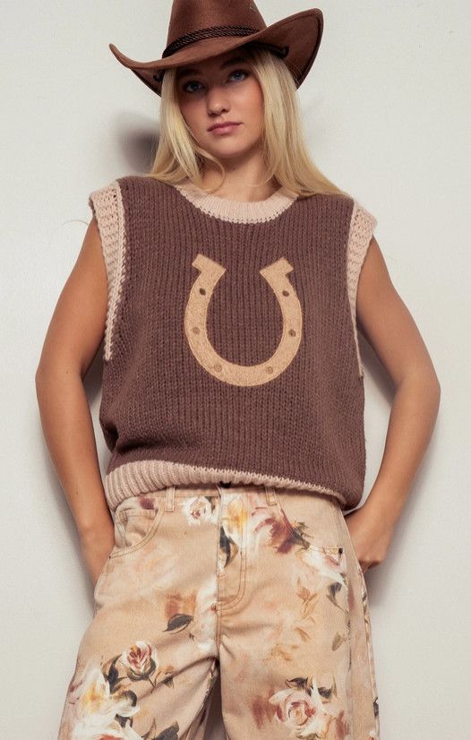Western Horseshoe Crochet Knit Ribbed Trim Sweater Vest, Color: brown, Size: S/M