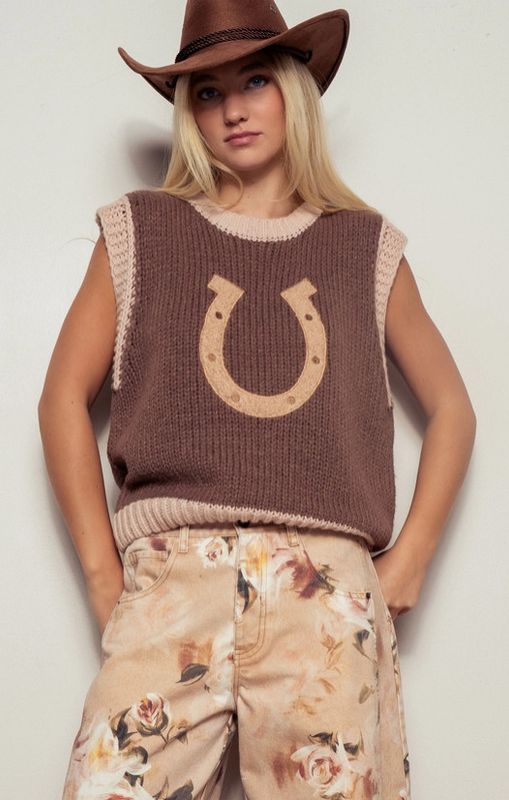 Western Horseshoe Crochet Knit Ribbed Trim Sweater Vest Western Horseshoe Crochet Knit Ribbed Trim Sweater Vest