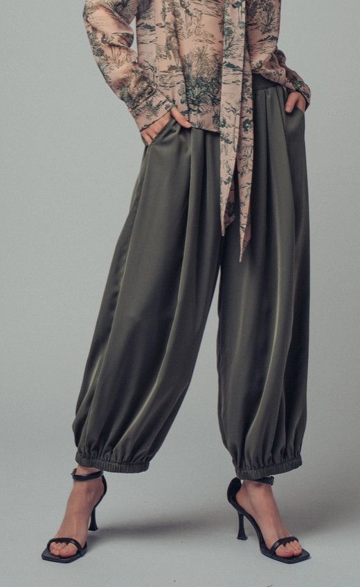 Relaxed Fit Boho Elastic Waist Pants, Color: Olive, Size: S