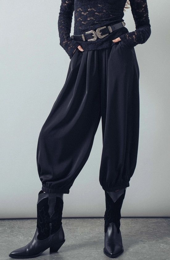 Boho Relaxed Fit Elastic Cuff Pants, Color: Black, Size: S