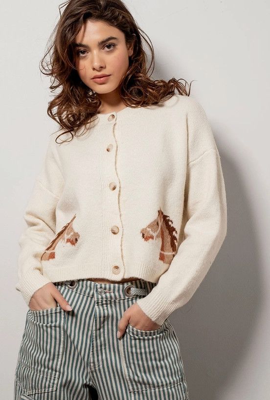 Western Horse Graphic Button Front Cropped Cardigan Sweater, Color: ivory, Size: S/M