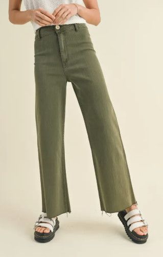 Straight Wide Leg Denim Pants, Color: Olive, Size: S