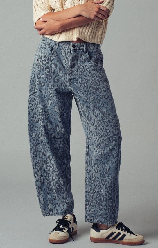 Leopard Camo Denim Barrel Pants, Color: Leopard, Size: S